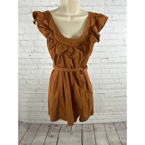 Free People Orange Linen Cotton Racerback Ruffle Neckline Faux Wrap Mini Dress S - Picture 1 of 11